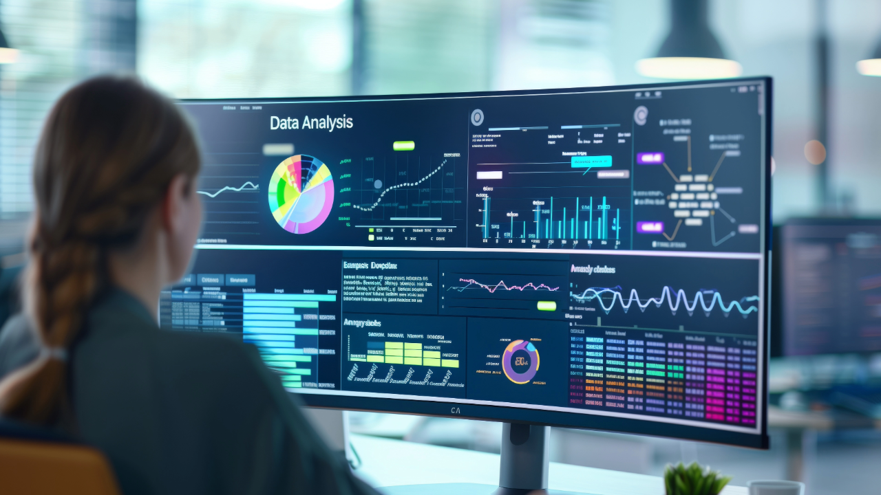 A person analyzing data on a digital screen displaying charts, graphs, and colorful data visualizations in a modern office setting.