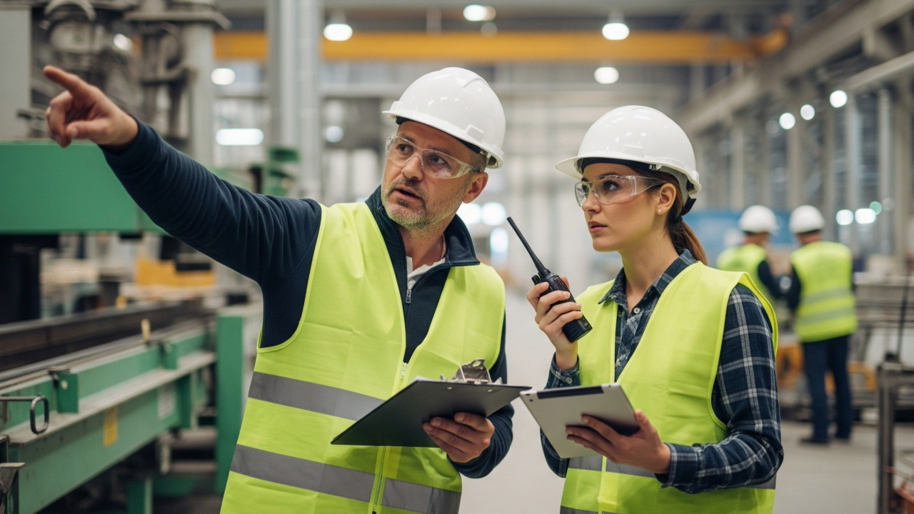 Two factory workers wearing safety helmets and vests discussing operations in an industrial manufacturing plant.