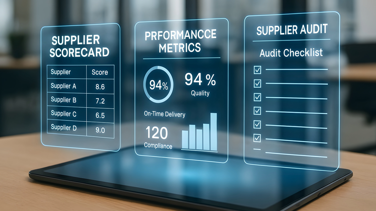 Digital interface displaying supplier scorecard, performance metrics, and supplier audit checklist on a tablet.