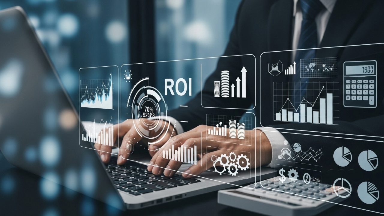 Business person using laptop with digital financial data and analytics graphics overlay, including charts, graphs, and icons related to ROI and financial growth.