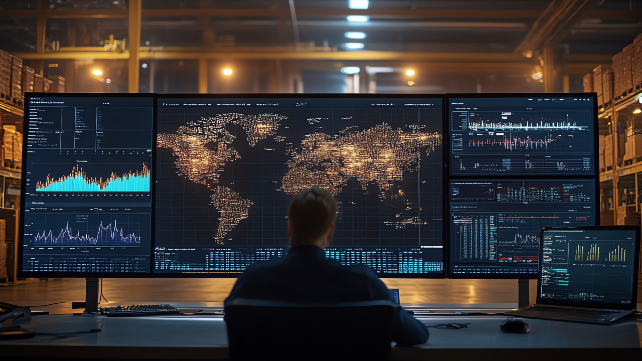 A person working at a desk with multiple large screens displaying a world map with data points and various charts in a warehouse setting.
