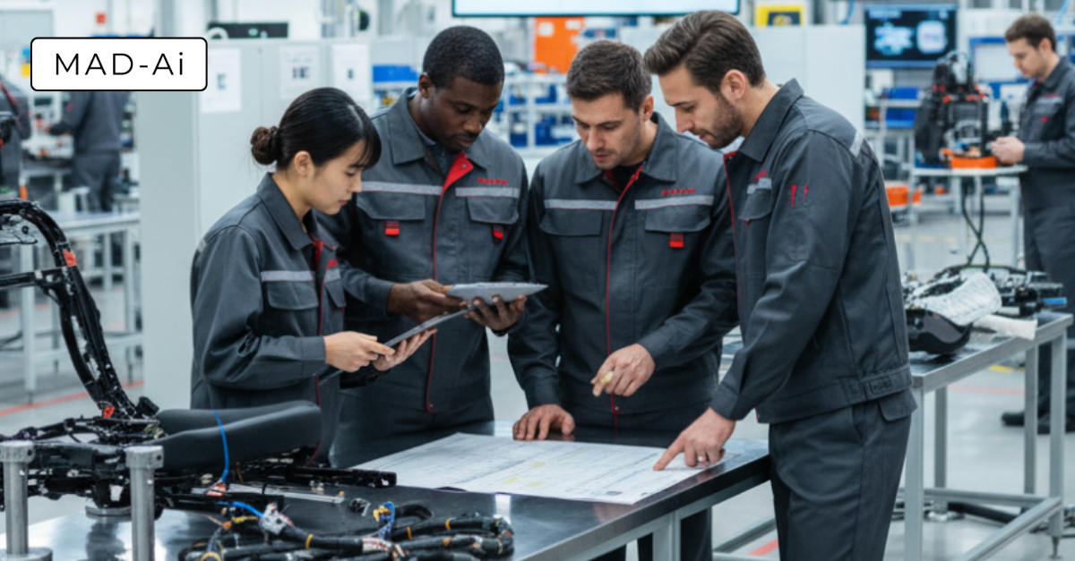 A man in a hard hat, safety vest, and formal attire holds a tablet and stands among industrial equipment, possibly at an industrial facility or plant.