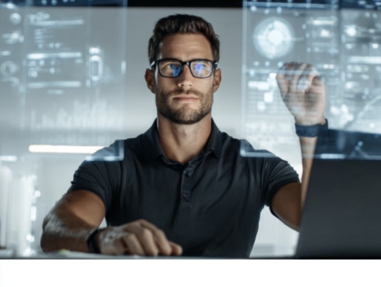 A man wearing glasses and a black polo shirt working on a laptop with translucent digital interface overlays in an office.