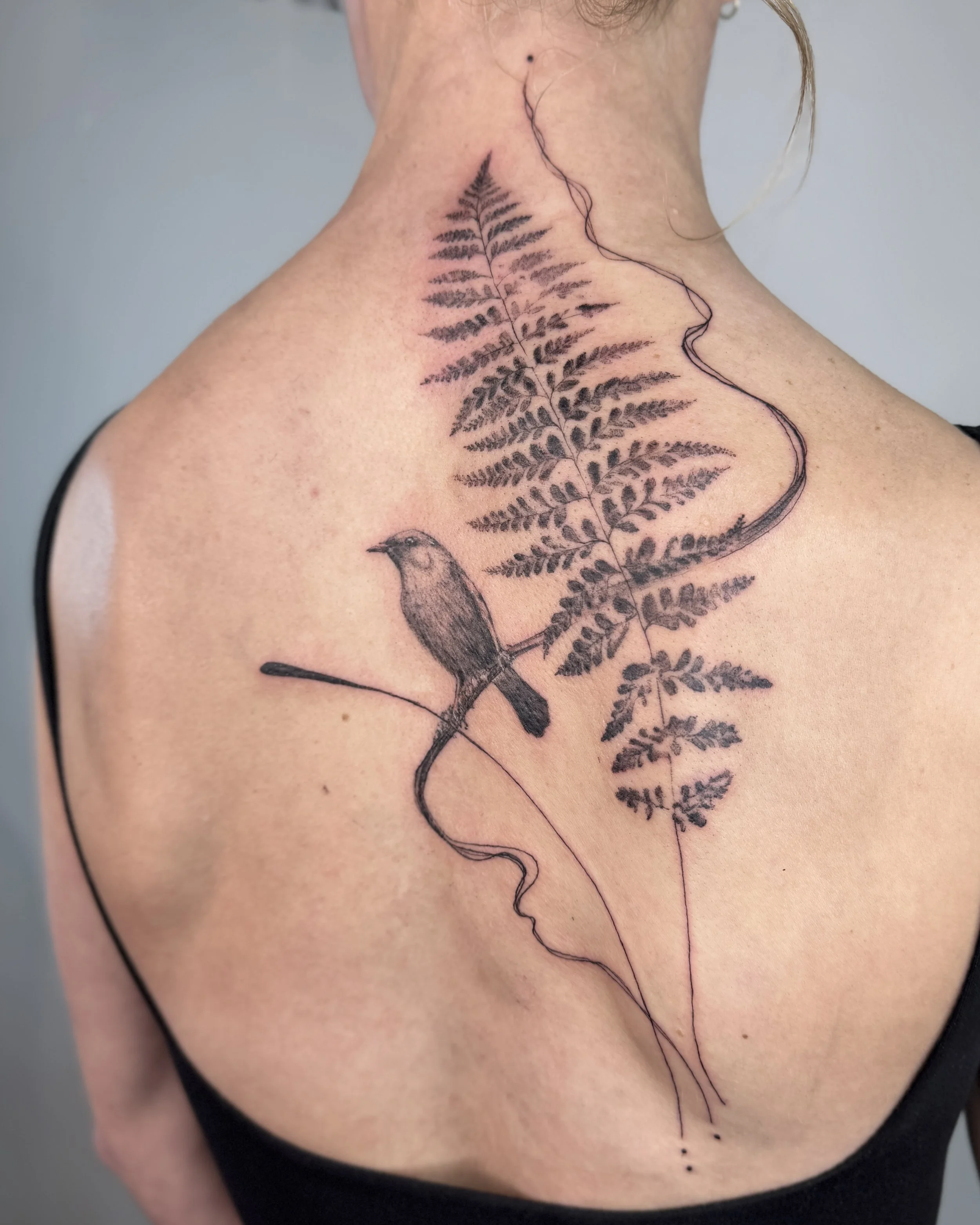 Tattoo of a bird perched on a branch with a fern and and abstract line on a person's shoulder and upper back.