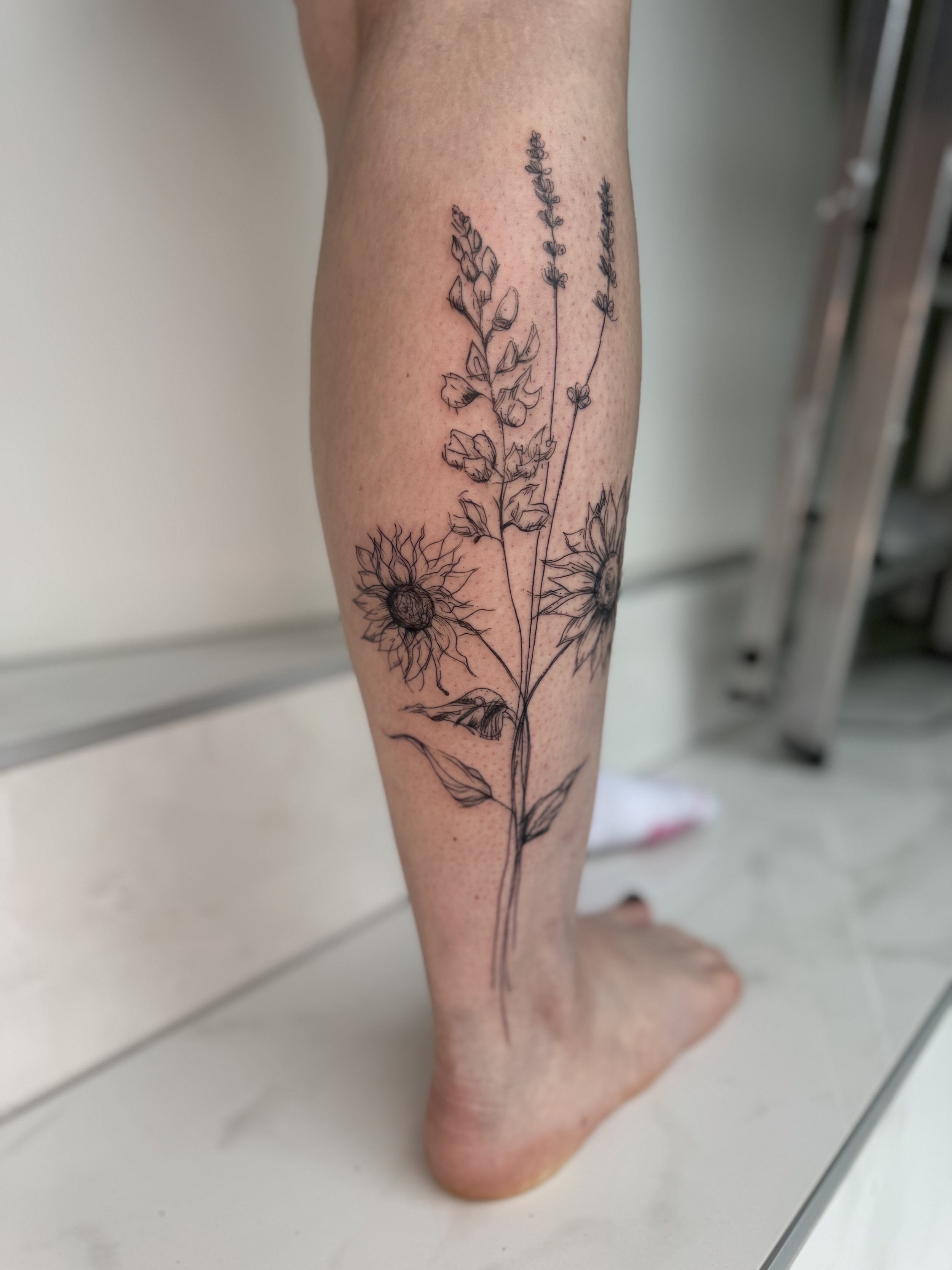 Sketchy style lupin with lavender and sunflowers. Close-up of botanical tattoo texture and linework by Petra Zakoucka, fine line tattoo Vancouver