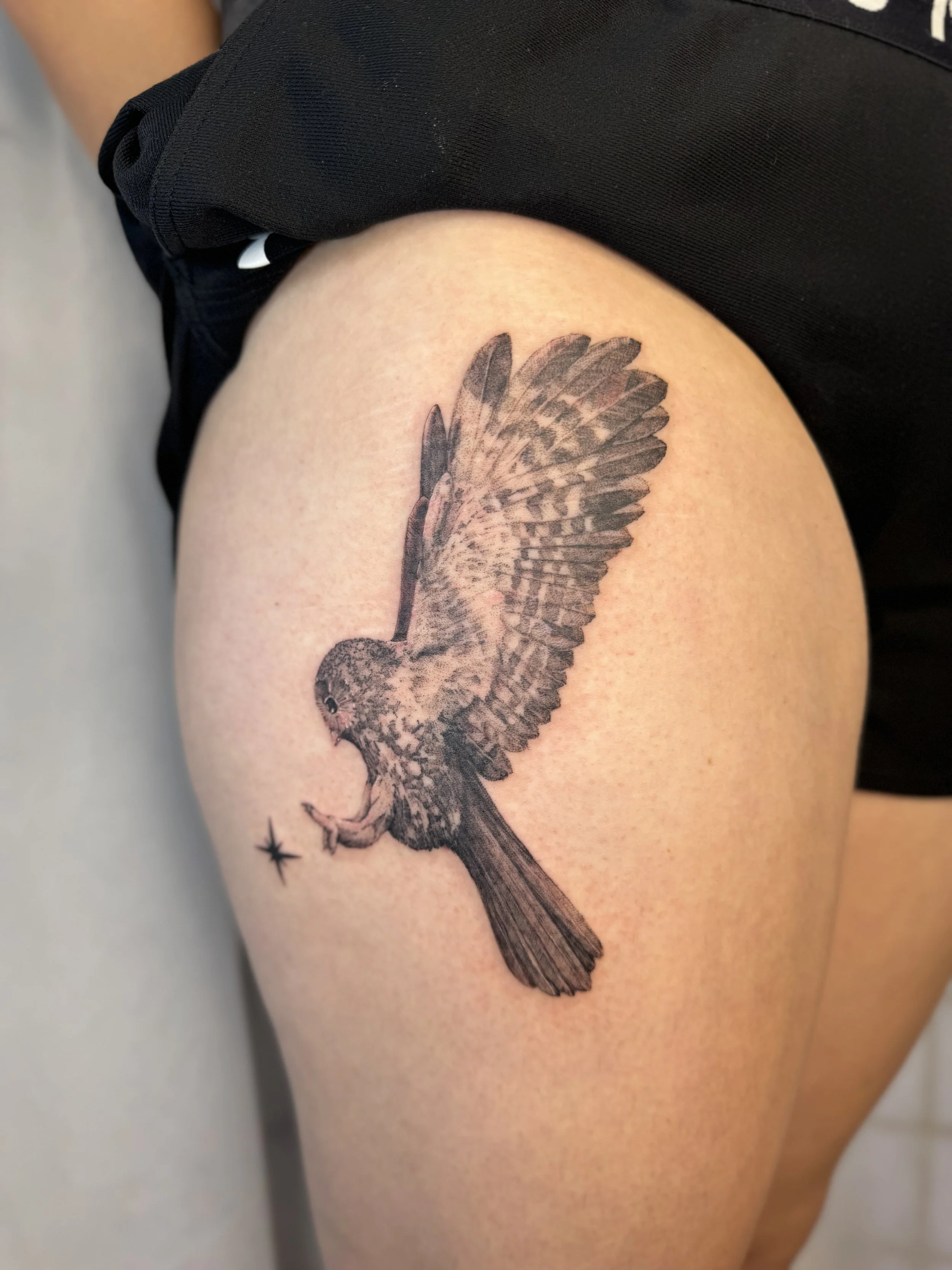 Black and gray tattoo of a bird in flight, holding a star in its talons. Native Eagle realistic tattoo