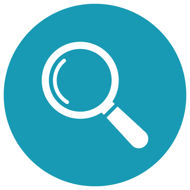Magnifying glass icon on a blue circular background.