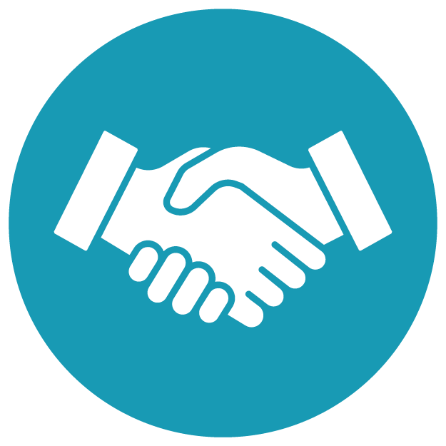 A graphic of two hands shaking, representing agreement or partnership, inside a blue circular background.