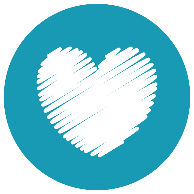 White heart illustration with sketchy lines on a teal circular background.