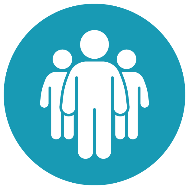 Icon of four white human figures standing together on a blue circular background, representing people or community.