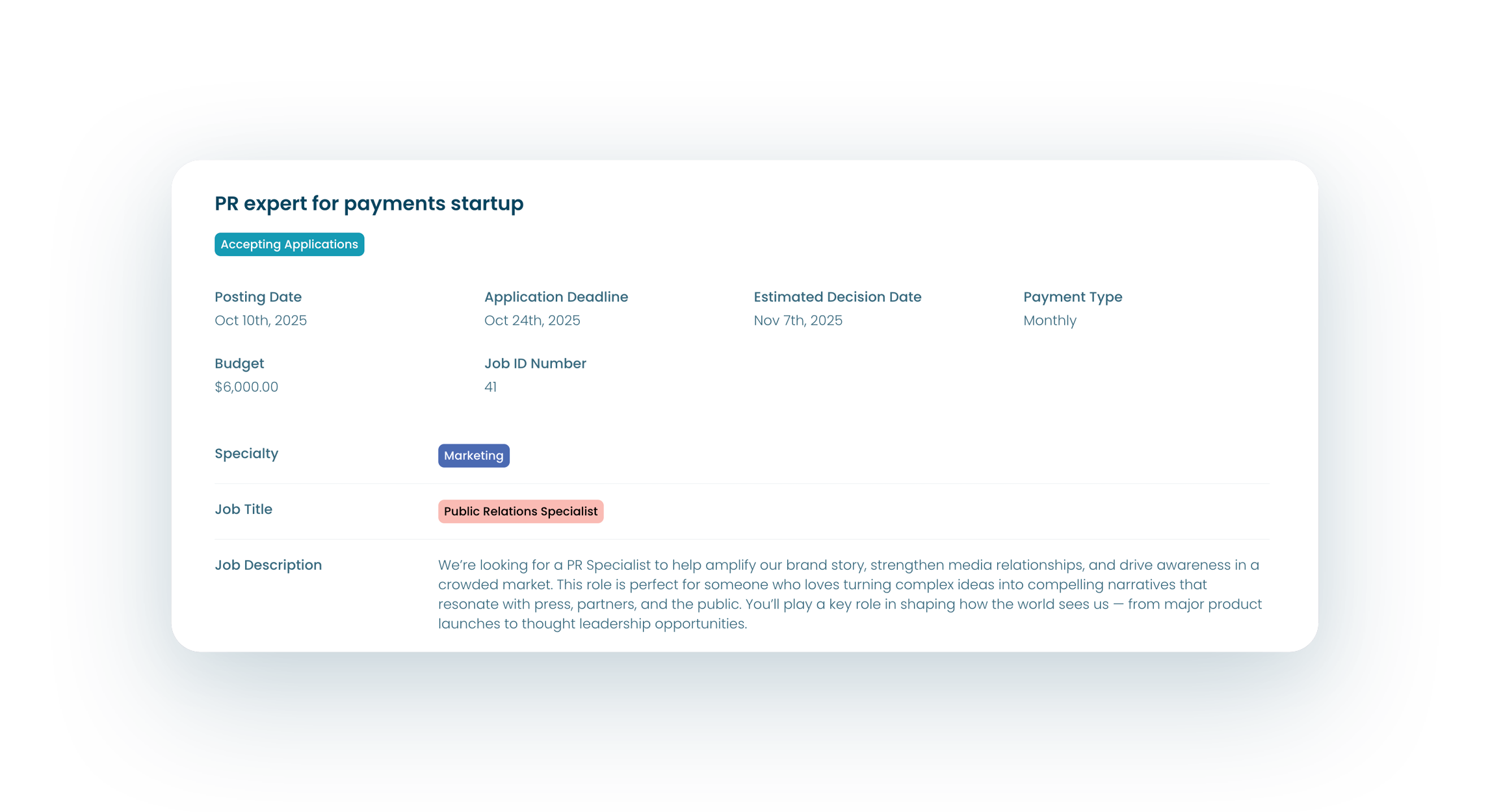 A digital job application form titled "PR expert for payments startup" with details such as posting date, application deadline, estimated decision date, payment type, budget, job ID, specialty, job title, and job description displayed on a blue background.