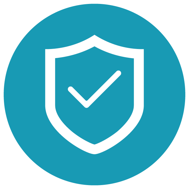A white shield with a checkmark inside on a teal background, representing security or protection.