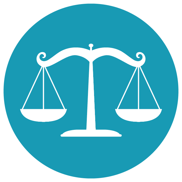 Icon of a balanced scale on a blue circular background, symbolizing justice or law.