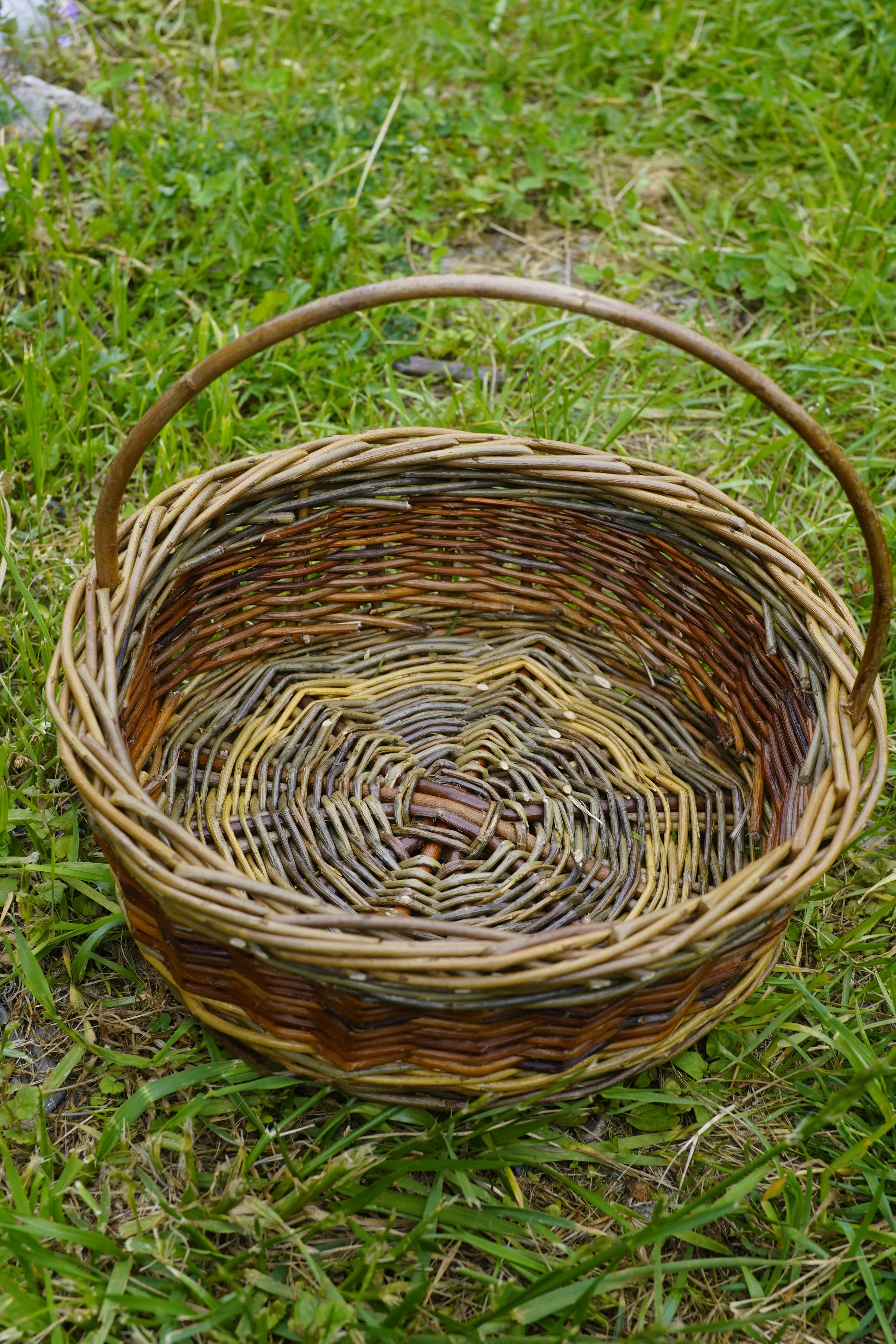 Woven wicker basket with a curved handle on grass and soil outdoors.