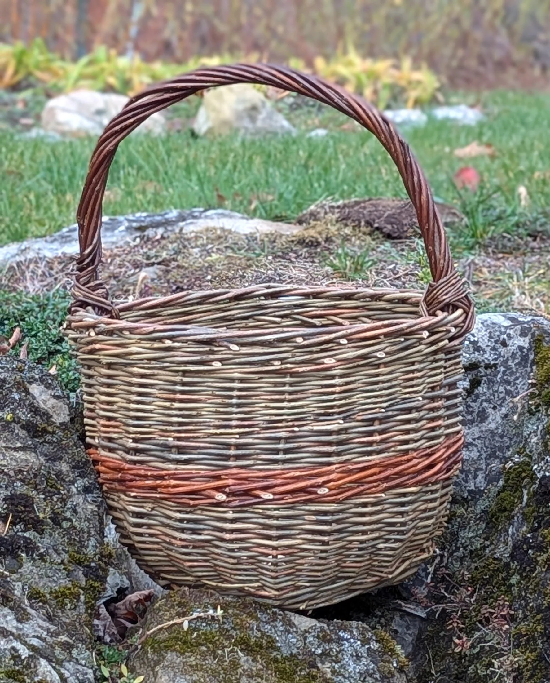 A hand-woven willow basket with a curved handle, placed outdoors on rocks with grass and trees in the background.