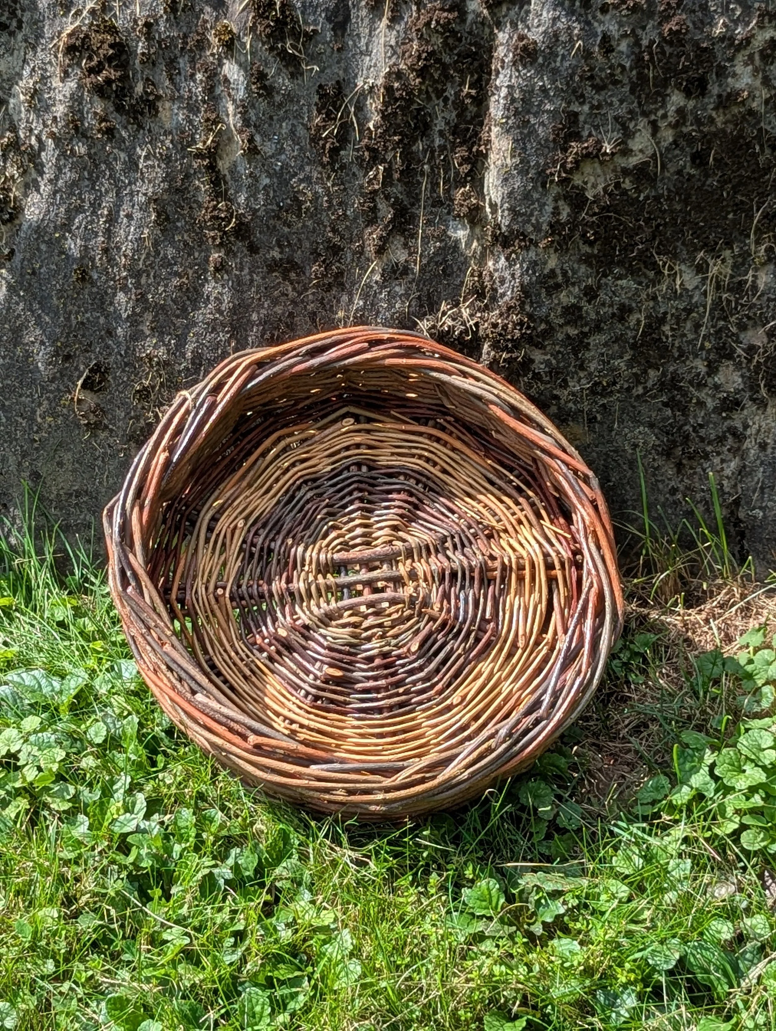 A woven willow basket with a circular pattern, placed on grass, against a dark, rough-textured rock surface.