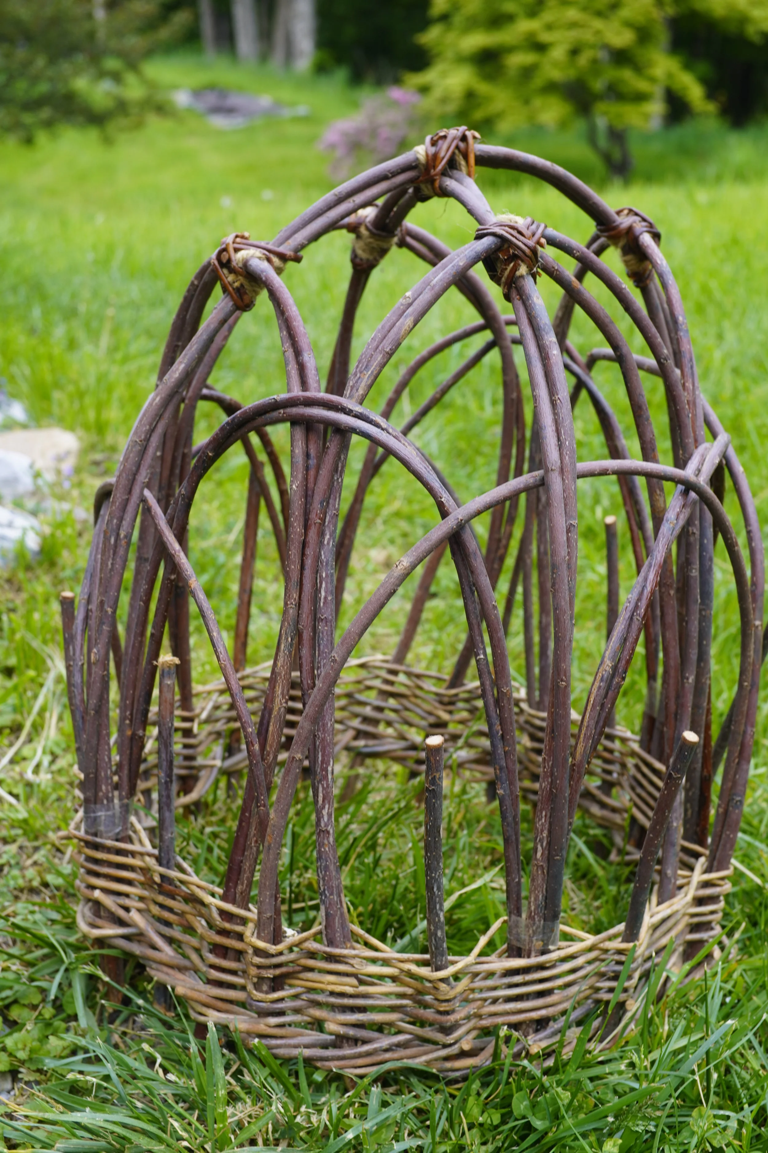 A woven wicker basket with a dome shape on a grassy lawn with trees and greenery in the background.