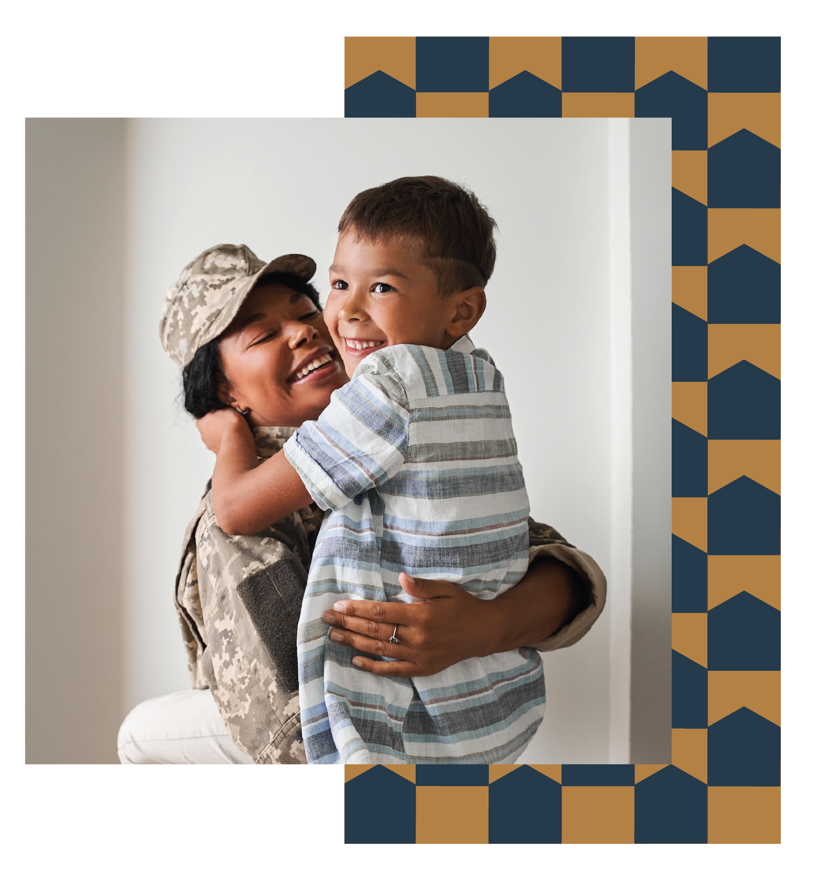 Mother in military uniform hugging her son.