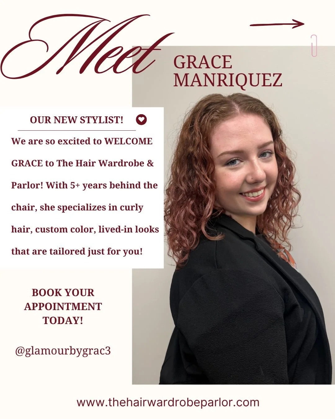 ✨ Please help us welcome Grace to The Hair Wardrobe &amp; Parlor! 🔥

We&rsquo;re so excited to have her join our team! Grace specializes in custom hair color, blonding, and curly hair, and she&rsquo;s now accepting new guests.

Book your appointment