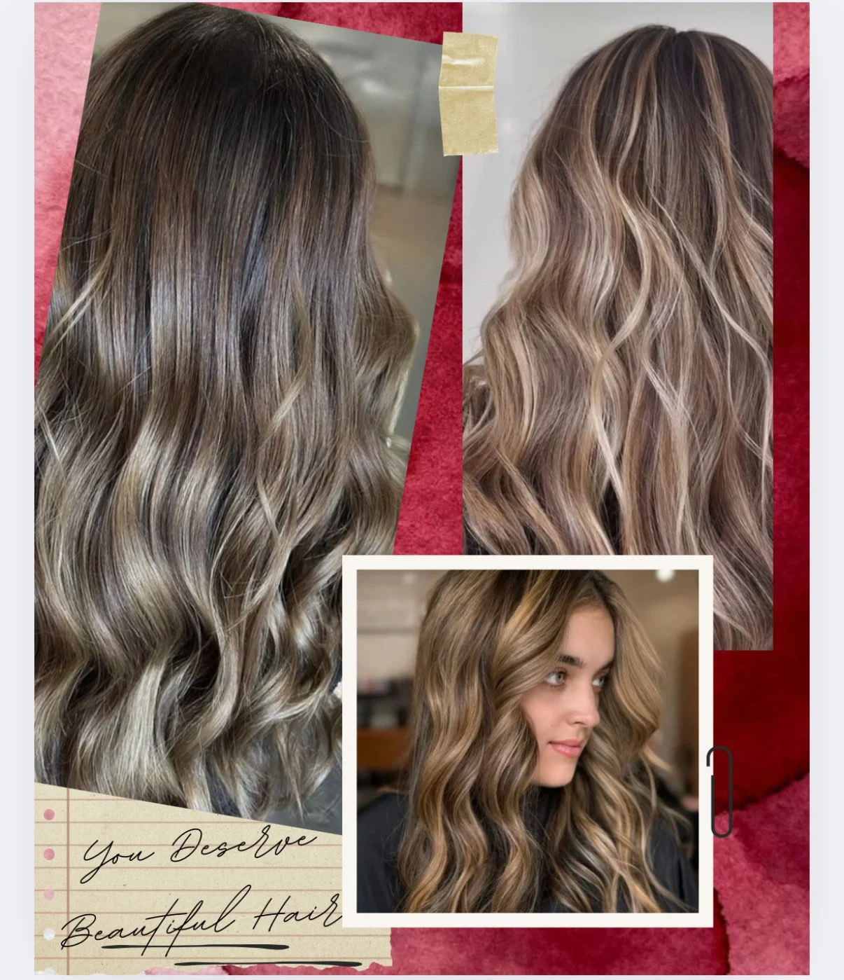 Photos of different colored balayages, hair color,  showcasing a change from dark brown to lighter blonde with wavy curls.