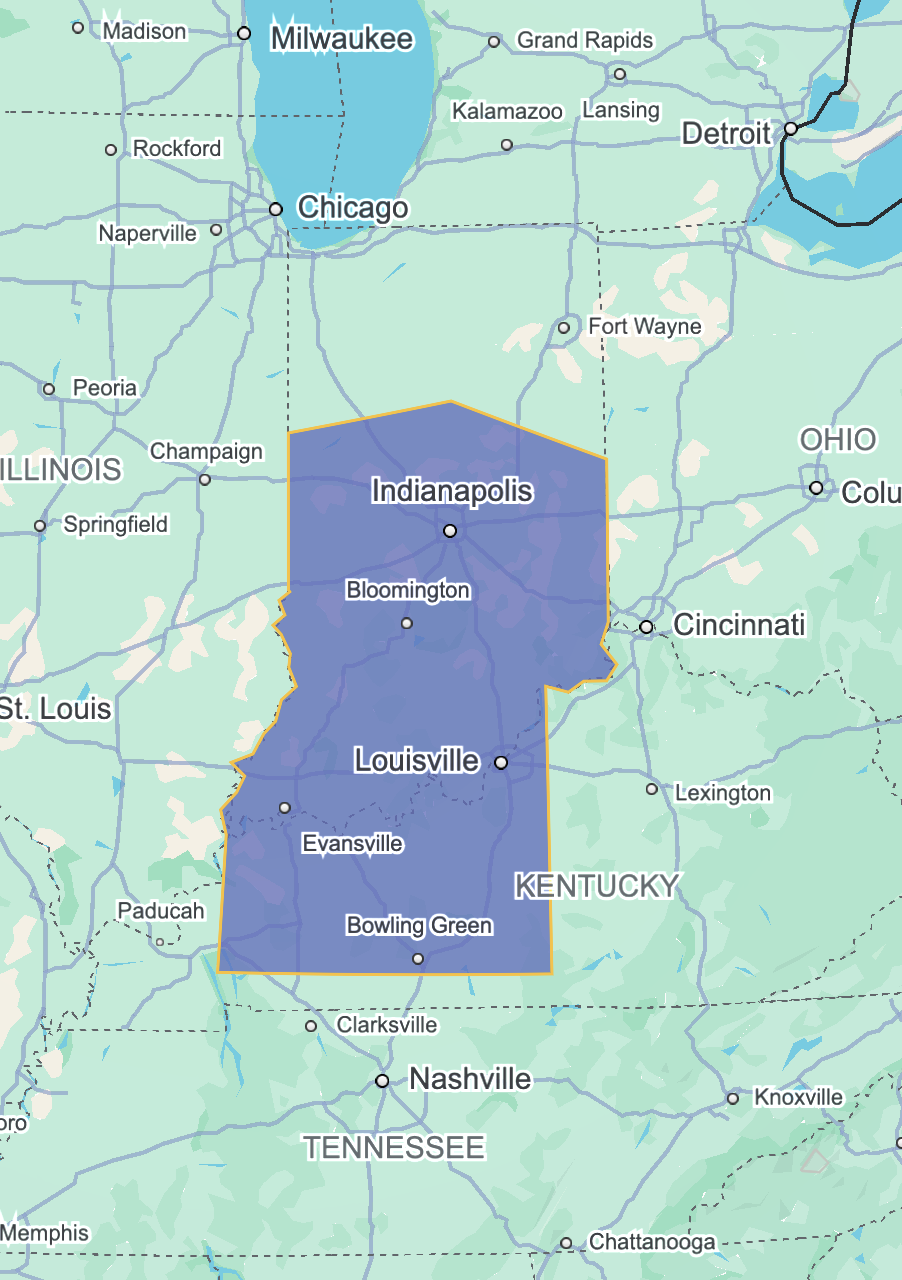 Map showing parts of the Midwest and South, with a highlighted area focusing on Indiana and parts of Kentucky, Illinois, and Ohio.