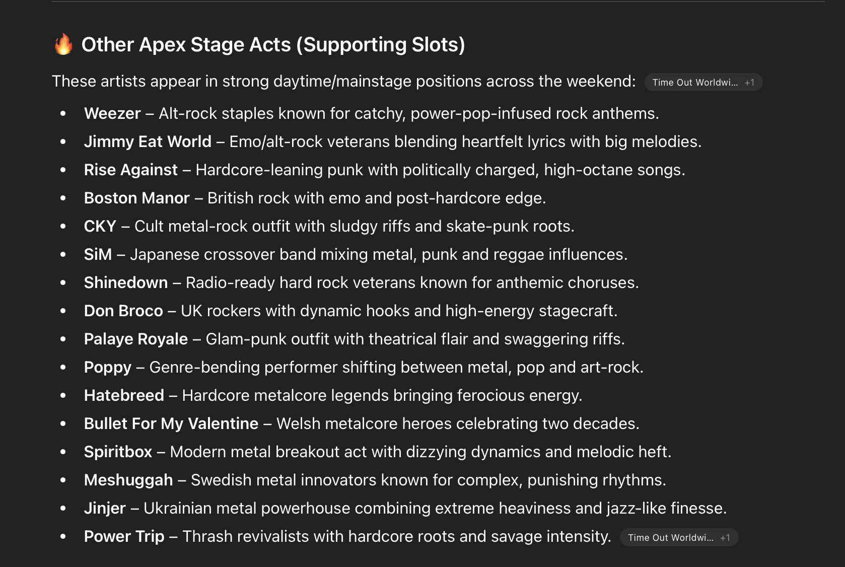 Download 2025 Acts playing on the APEX stage and their relevant Genres.