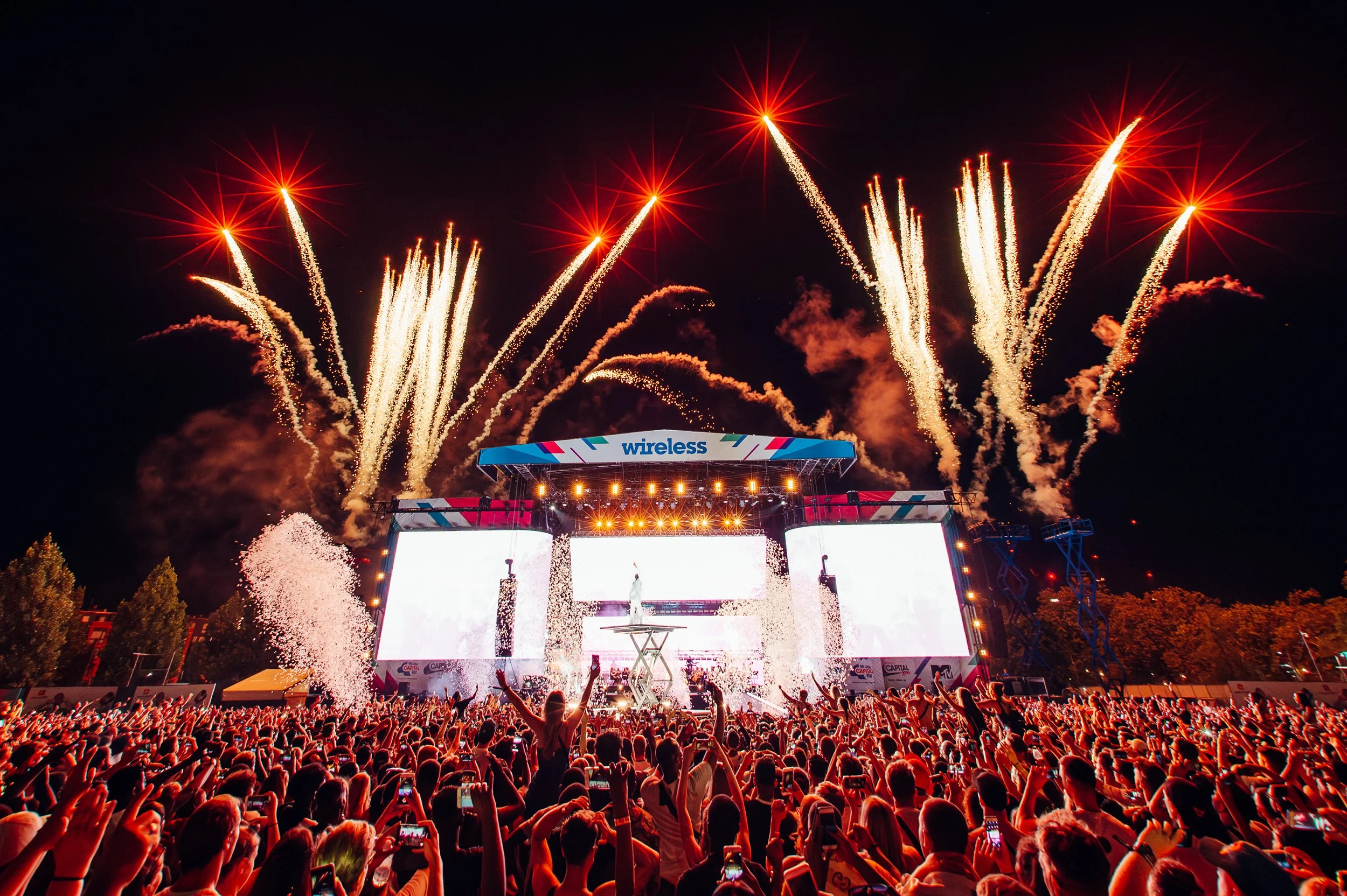 Stormzy Performs at Wireless 2018  showing a large crowd of concertgoers watching fireworks light up the night sky during a live event, with a stage and performers visible in the background.