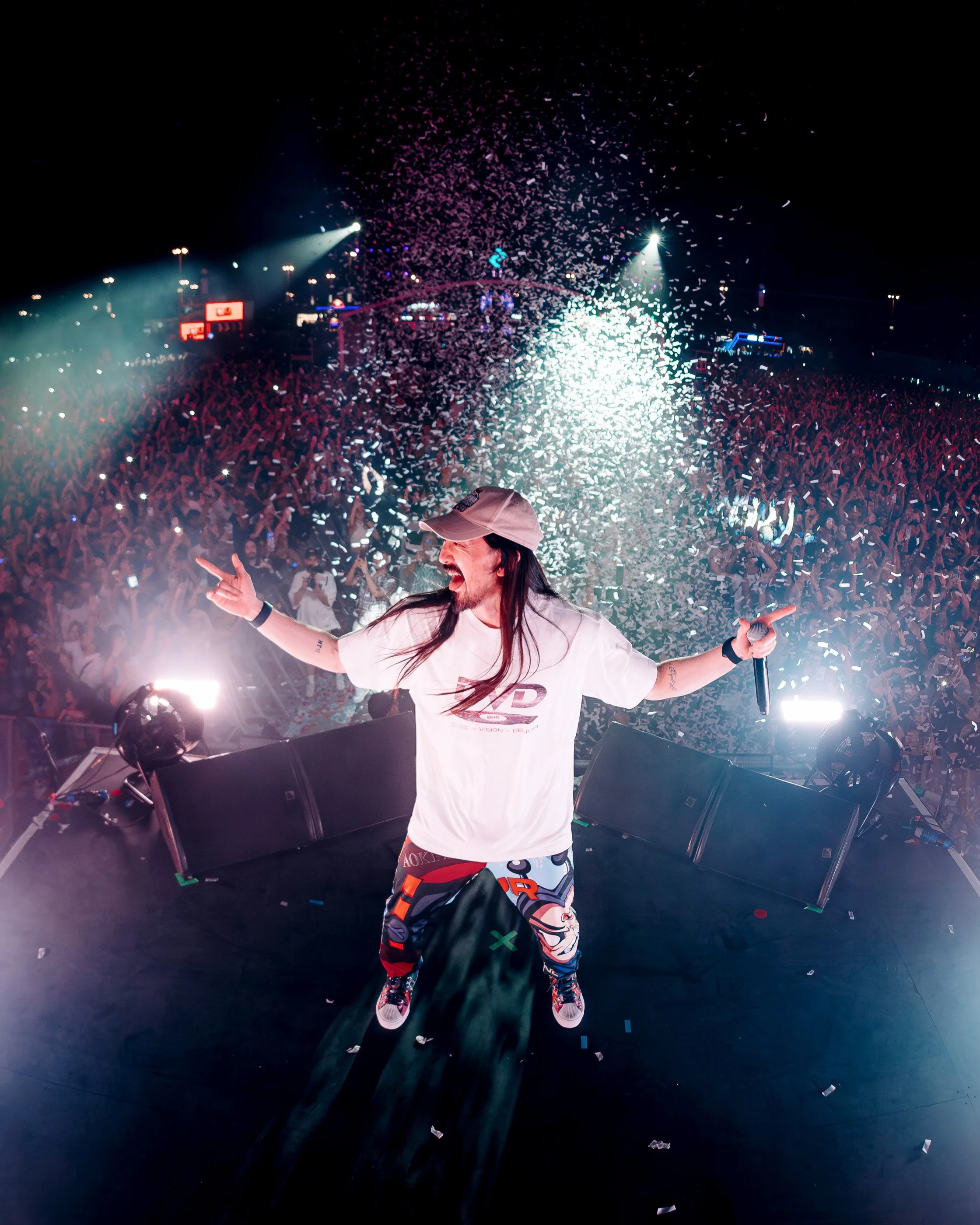 Steve Aoki on the runway at Untold Dubai surrounded by Confetti taken by James Bridle Music Photographer