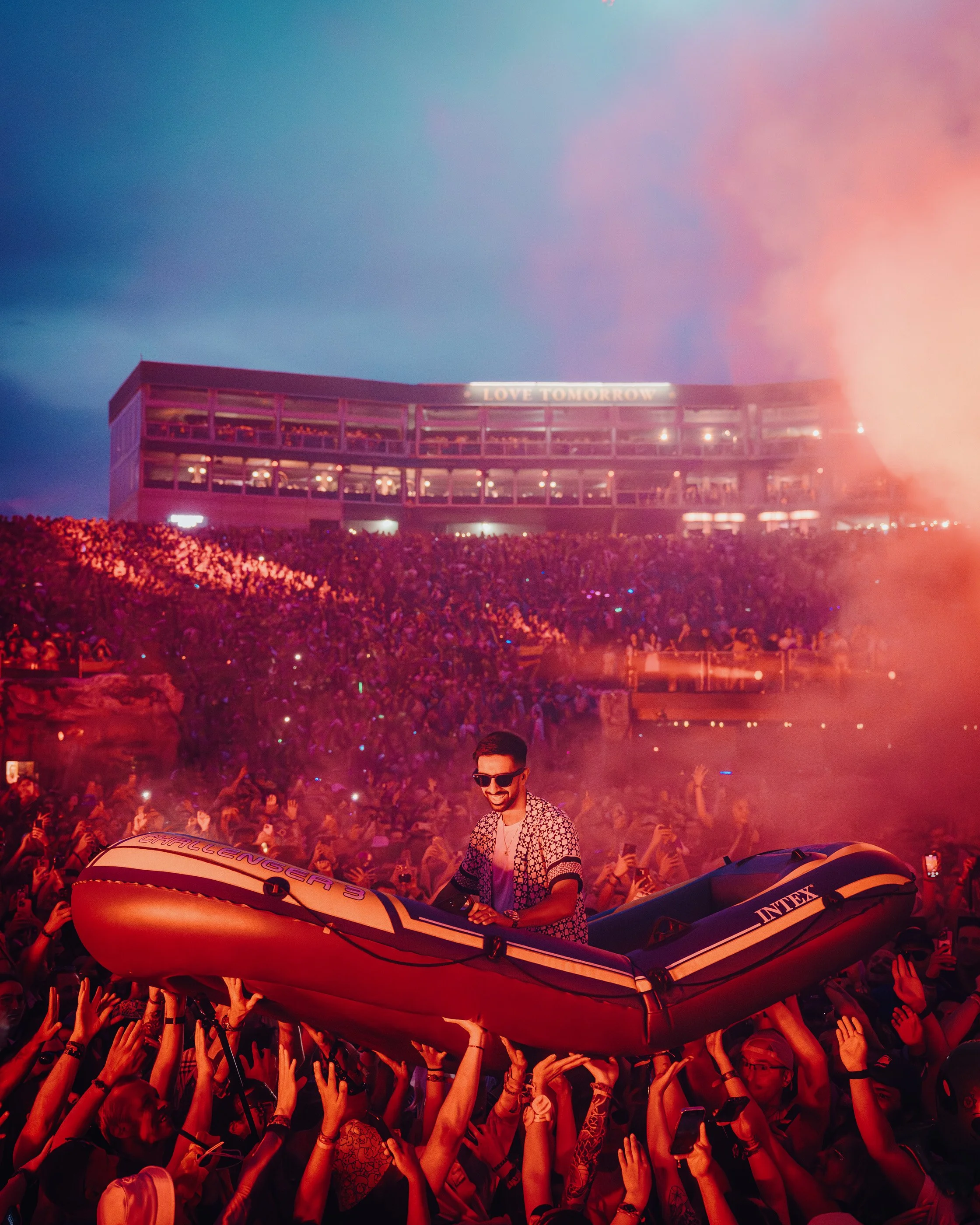 Vikkstar in a Rubber Dingy at Tomorrowland Weekend Two crowd surfing during Steve Aoki Set. 