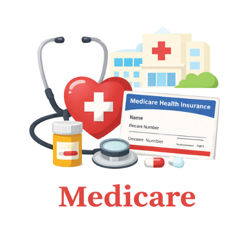 Illustration of healthcare items including a stethoscope, a heart with a cross, prescription medication, a Medicare health insurance card, and a hospital building.