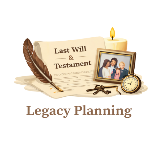 Illustration of a last will and testament document, a quill pen, a lit candle, a framed family photo, a pocket watch, and cinnamon sticks, with the words "Legacy Planning" below.