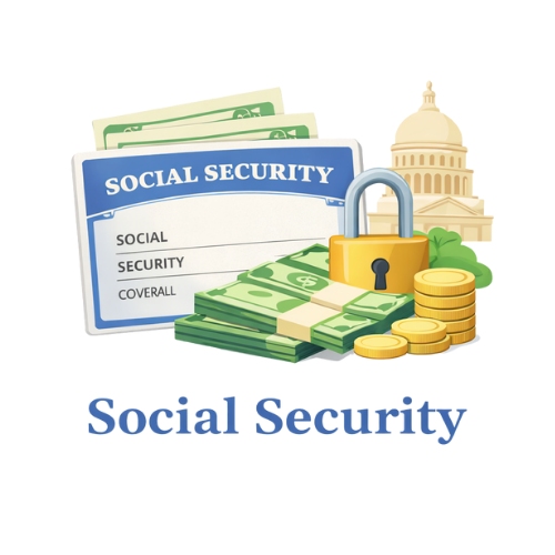 Illustration of social security documents, money, a lock, and the U.S. Capitol building representing social security and financial security.