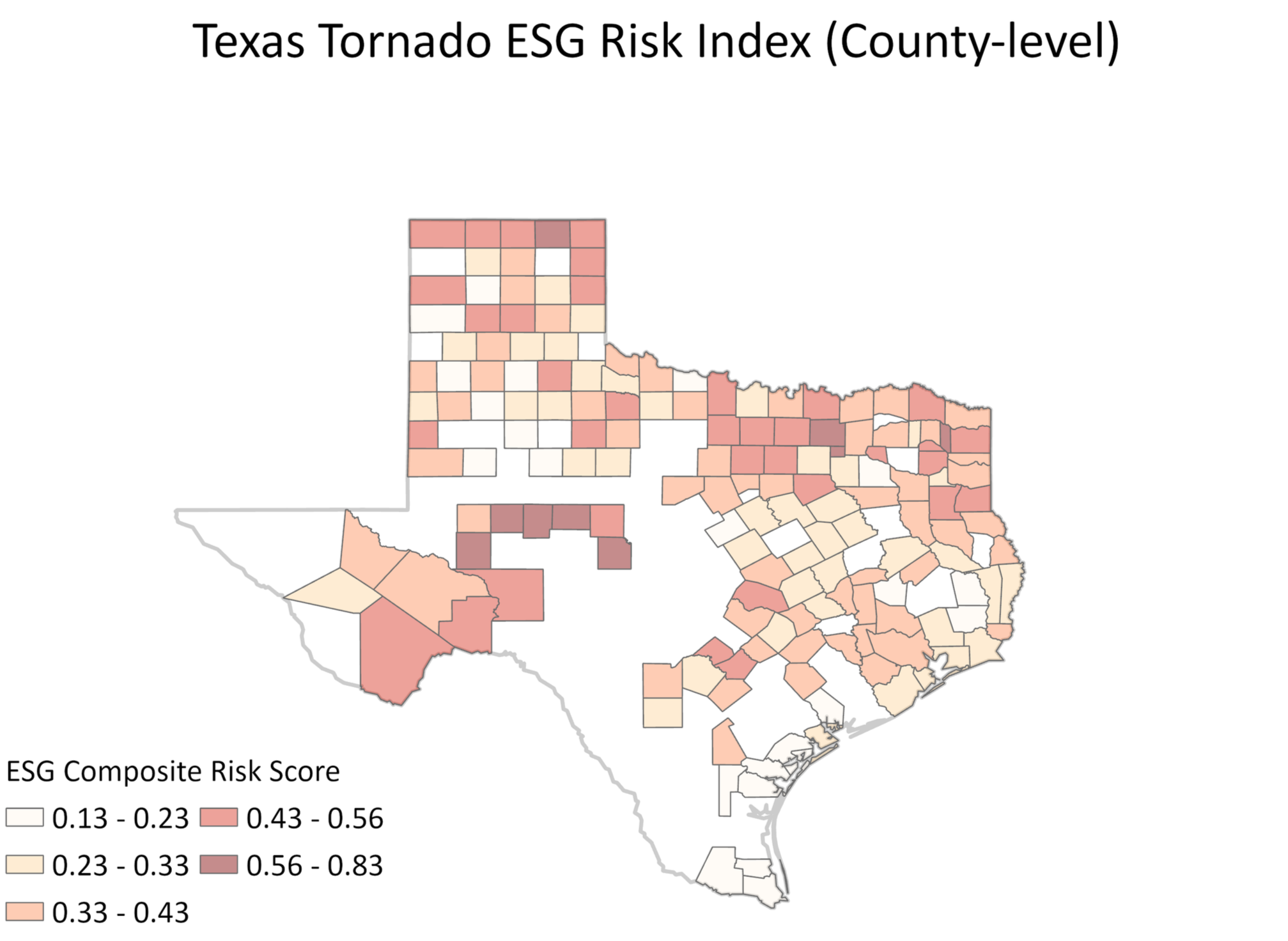 Counties in northern and central Texas exhibit elevated composite ESG risk, reflecting the combined effect of tornado exposure and socioeconomic vulnerability.