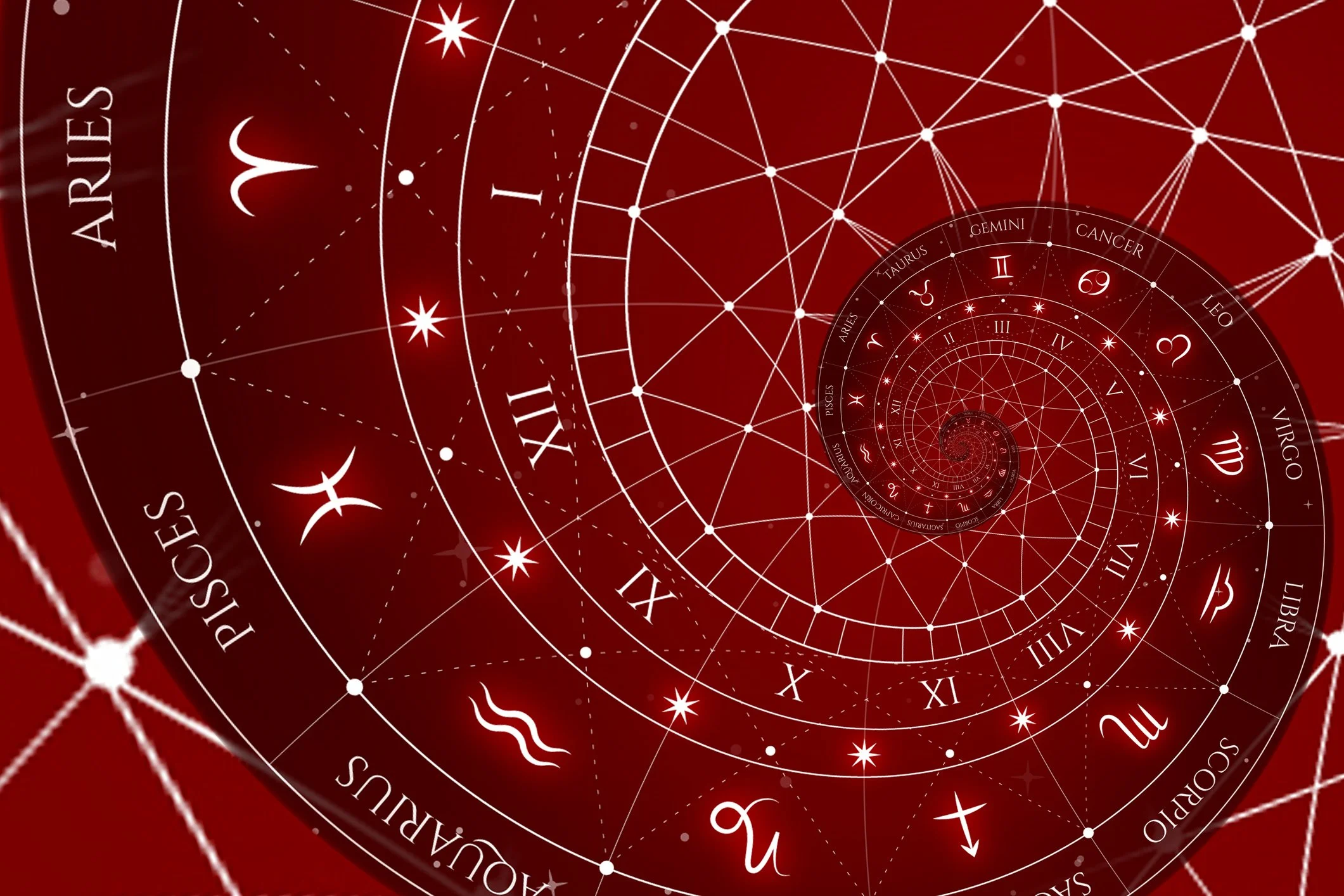 A digital illustration of spiral-repeating zodiac wheel with zodiac signs and star constellations on a red background.