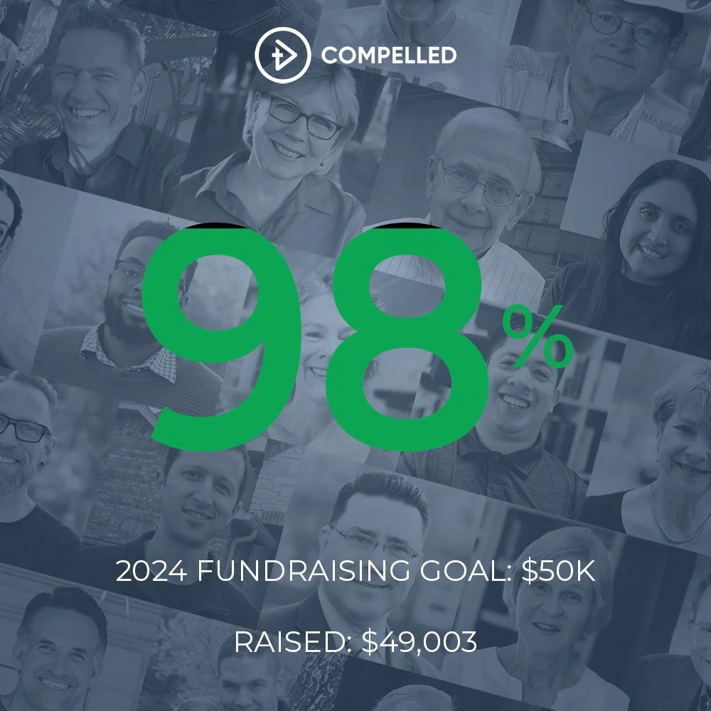 Collage of various smiling people with a large green "98%" overlay and text indicating a fundraising goal of $50,000, raised $49,003 in 2024.