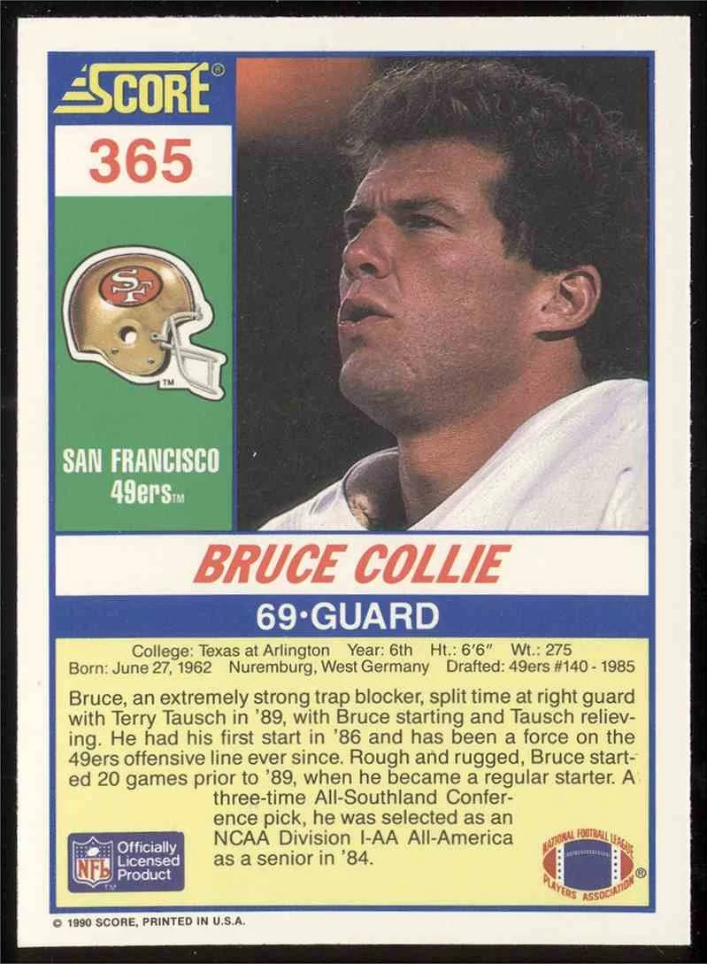 Bruce Collie NFL San Francisco 49ers collectors card back