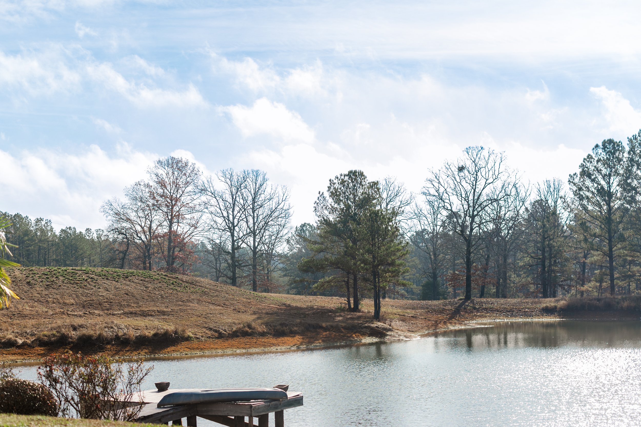 A peaceful lake with a wooden dock, surrounded by grassy and wooded areas in the Birmingham-metro area of Alabama. Location for LifePlan process facilitated by Certified LifePlan Guide, Deidre King.