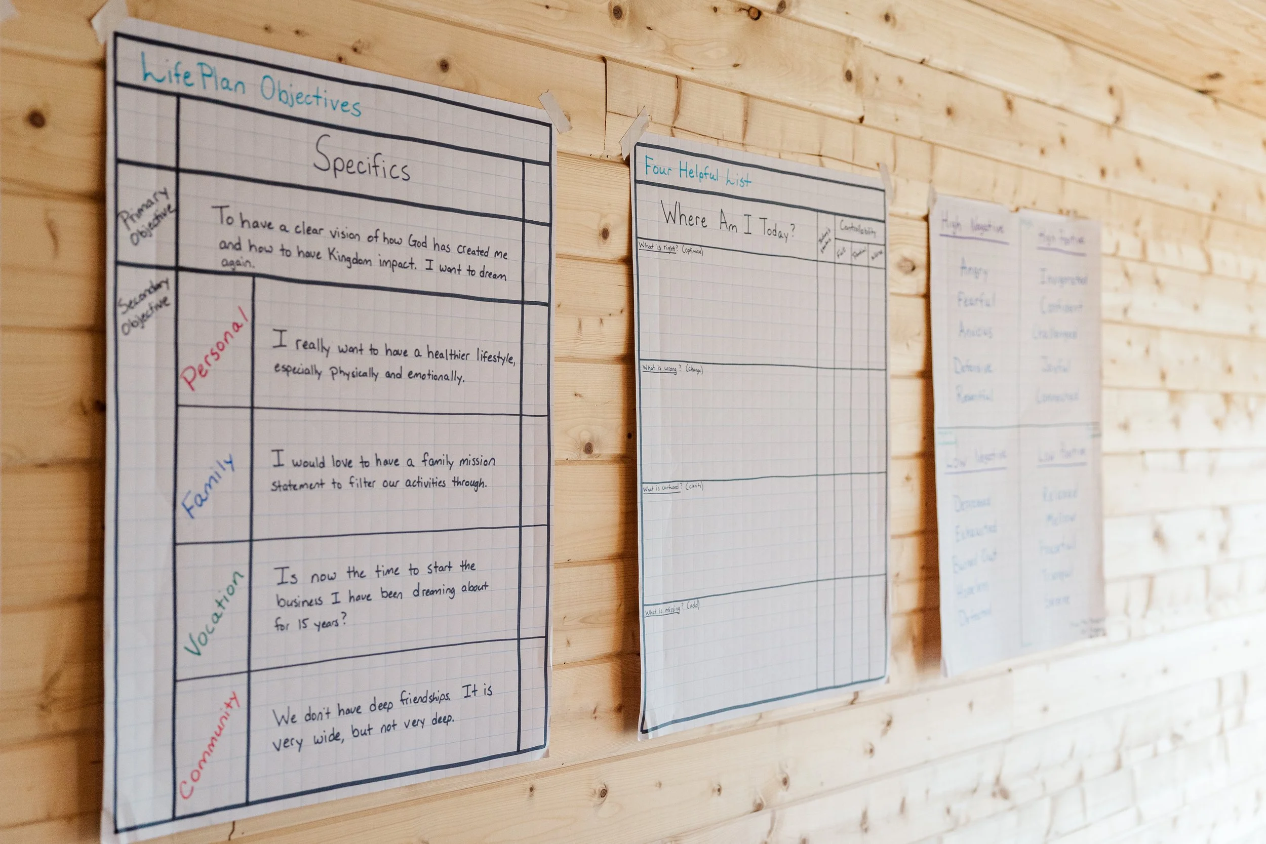Charts with objectives, lists, and categories written on grid paper - all planning tools prepared for a LifePlan session focused on clarity and direction.