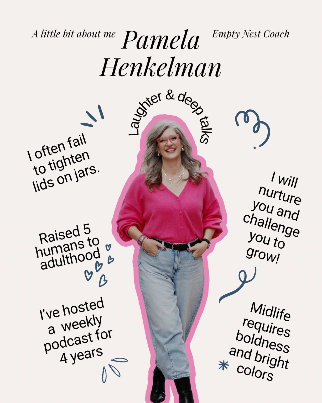 New here? Good! I&rsquo;m thrilled!☺️

Welcome. I&rsquo;m Pamela!👋

📌Professional adult-child releaser.
 📌Marriage rekindler.
📌 Purpose finder.
 📌Certified Empty Nest Coach
📌Host of The Midlife Momma Podcast.
 📌Mom of five grown kids.
 📌Gigi,