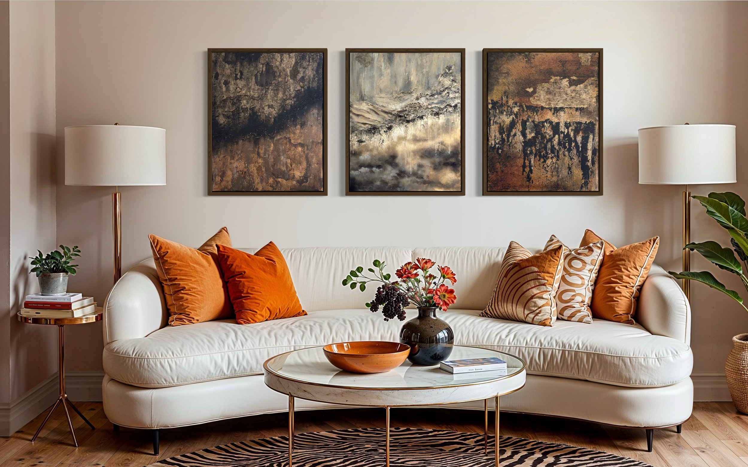 Living room with a white sofa, orange and patterned throw pillows, a marble-top coffee table with a flower vase, side tables with lamps, and wall art with abstract paintings.