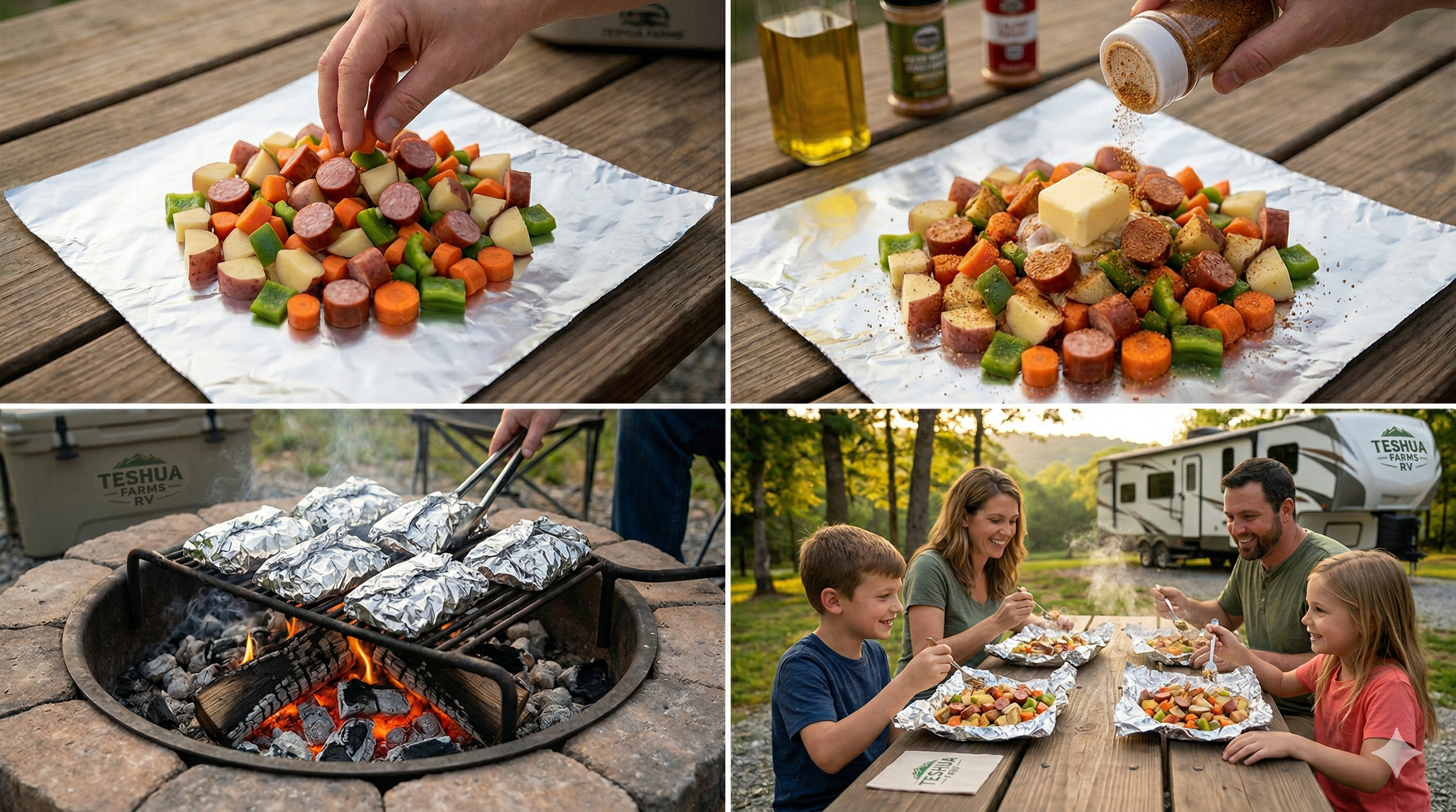 A family enjoying a grilled dinner at sunset during an RV rental trip in the Oak Mountain State Park, Alabama