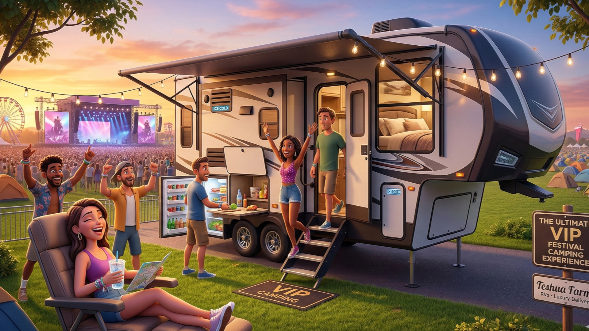 Luxury 5th wheel RV rental in Alabama at a music festival