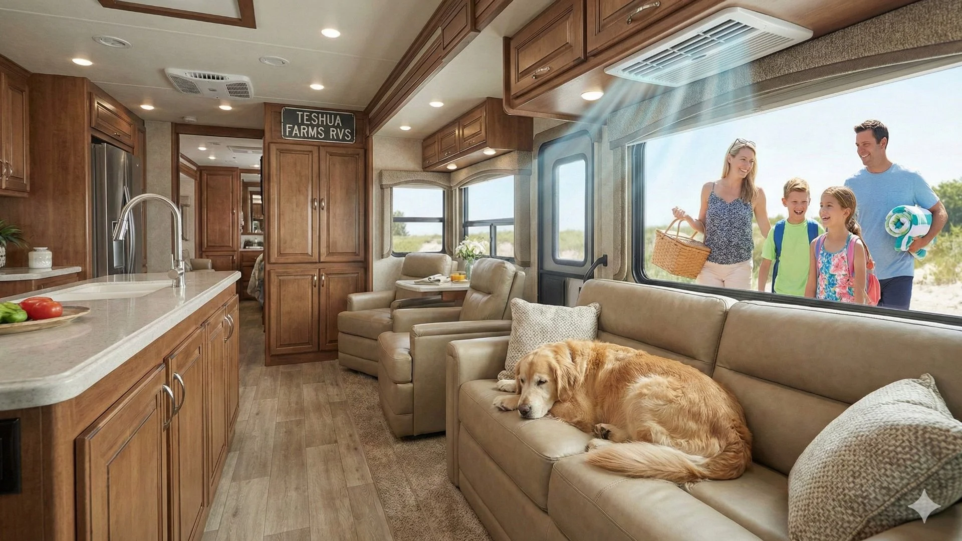 Golden Retriever sitting inside a luxury RV rental in Alabama
