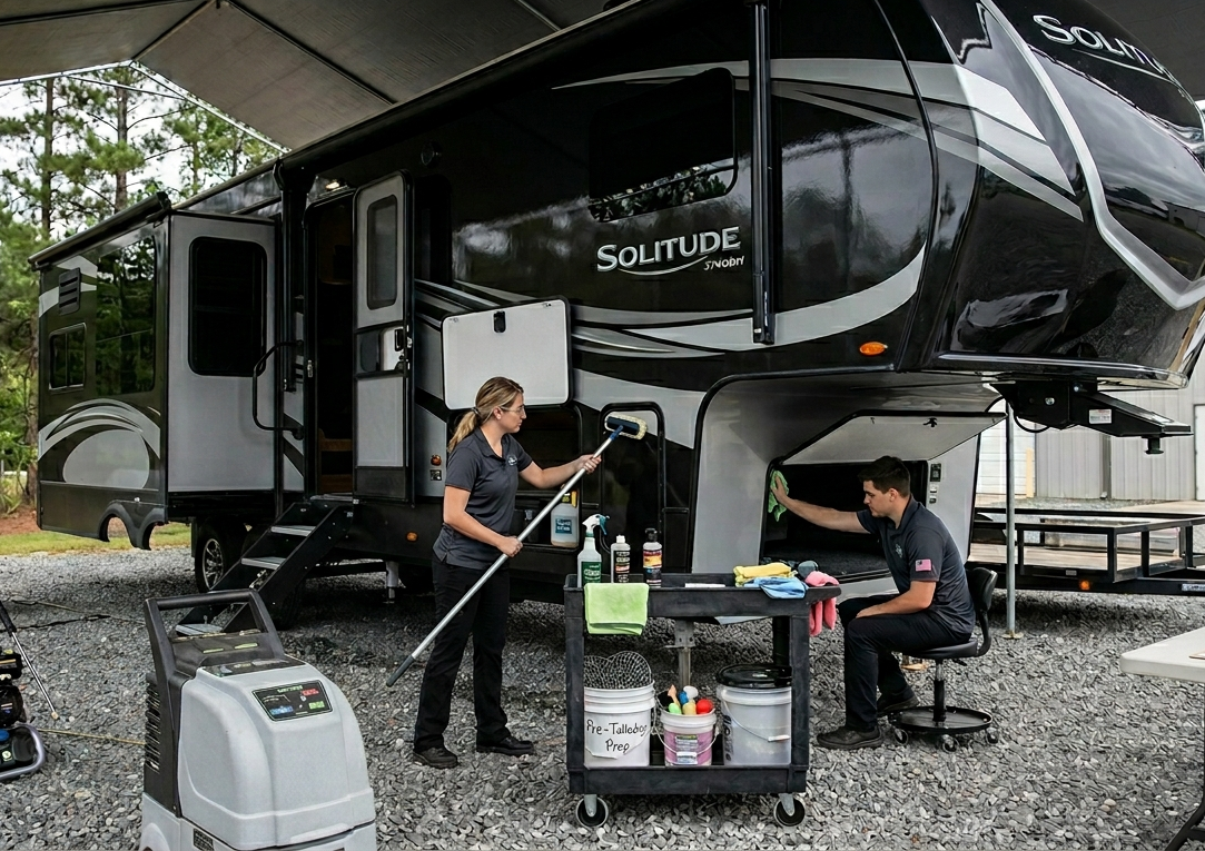 A team details a large Grand Design Solitude fifth-wheel RV, with service members using cleaning supplies and checking records, ready for RV rentals in Alabama.