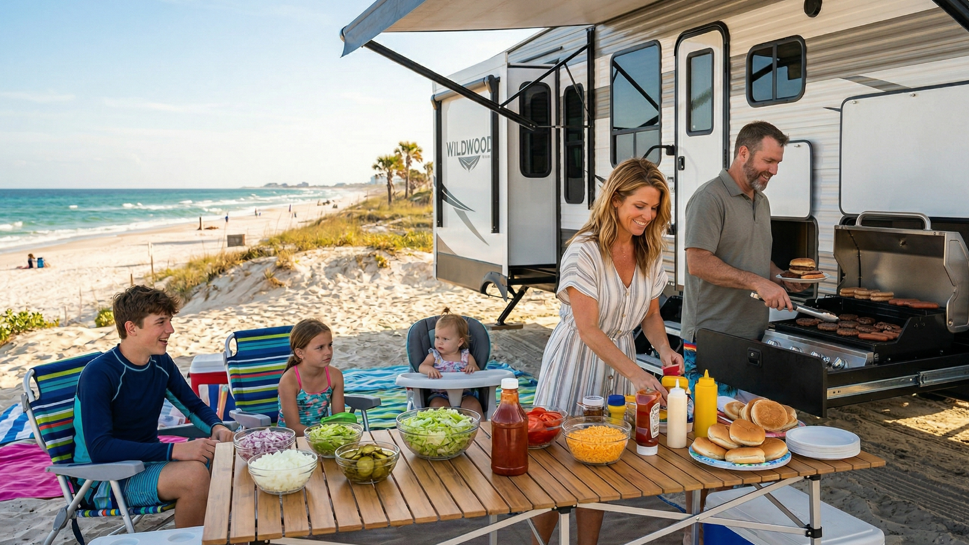 A family enjoying a beachside cookout with their modern Wildwood fifth-wheel rental and extended outdoor kitchen grill.