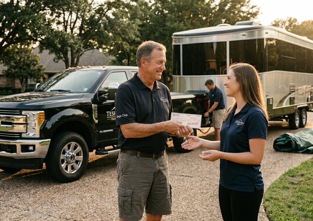 A Teshua Farms RVs representative in a black polo shirt handing a guaranteed payment check to a smiling 'Dega Club member on a sunny driveway. In the background, a luxury silver travel trailer is hitched to a black pickup truck, ready for pickup.
