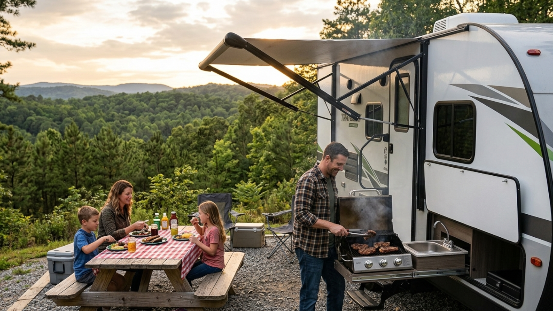 A family enjoying RV rental in the Talladega National Forest, Alabama.
