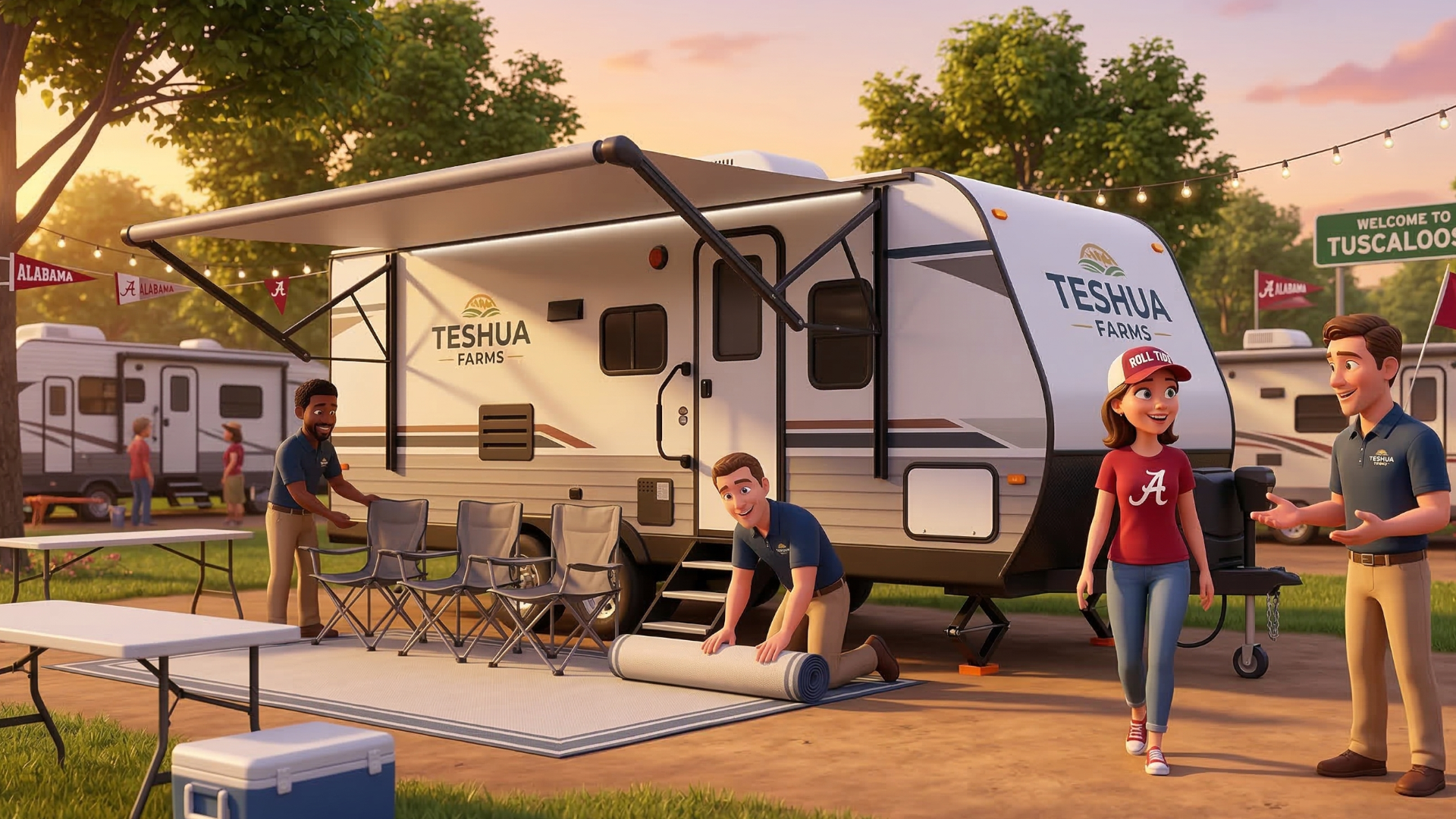 Teshua Farms RVs setting up a travel trailer rental in Tuscaloos, Alabama.