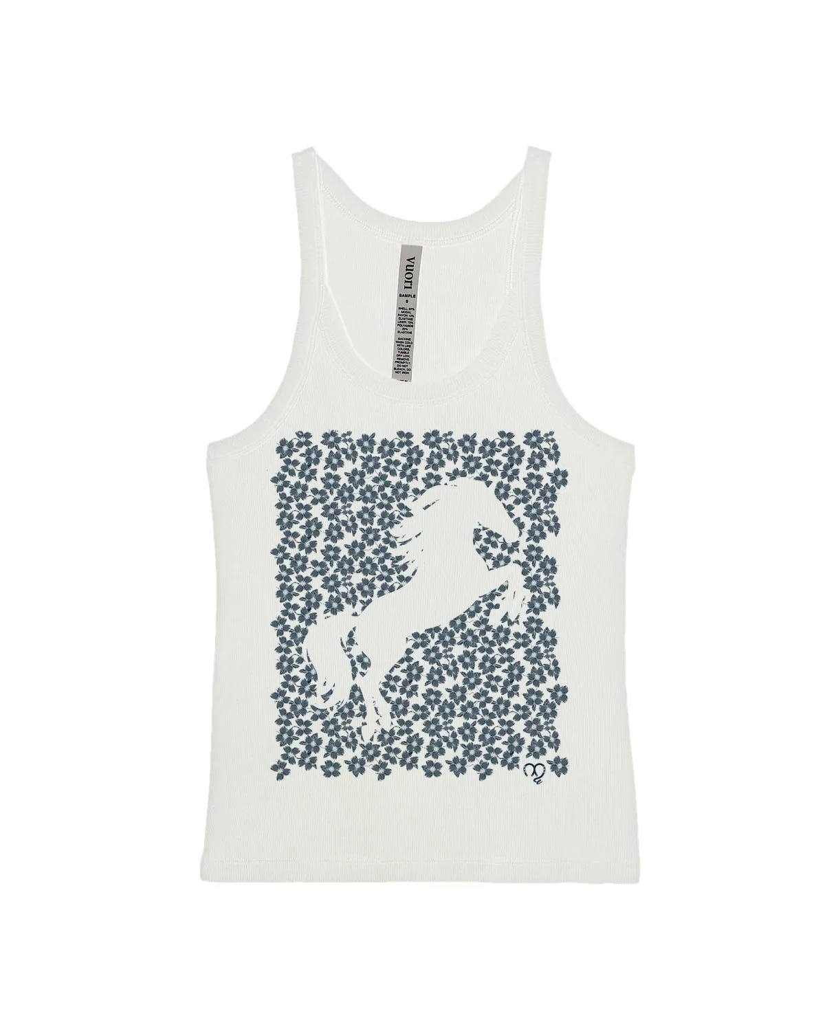 Vuori tanktop with a dogwood pattern design highlighting the silhouette of a jumping horse.
