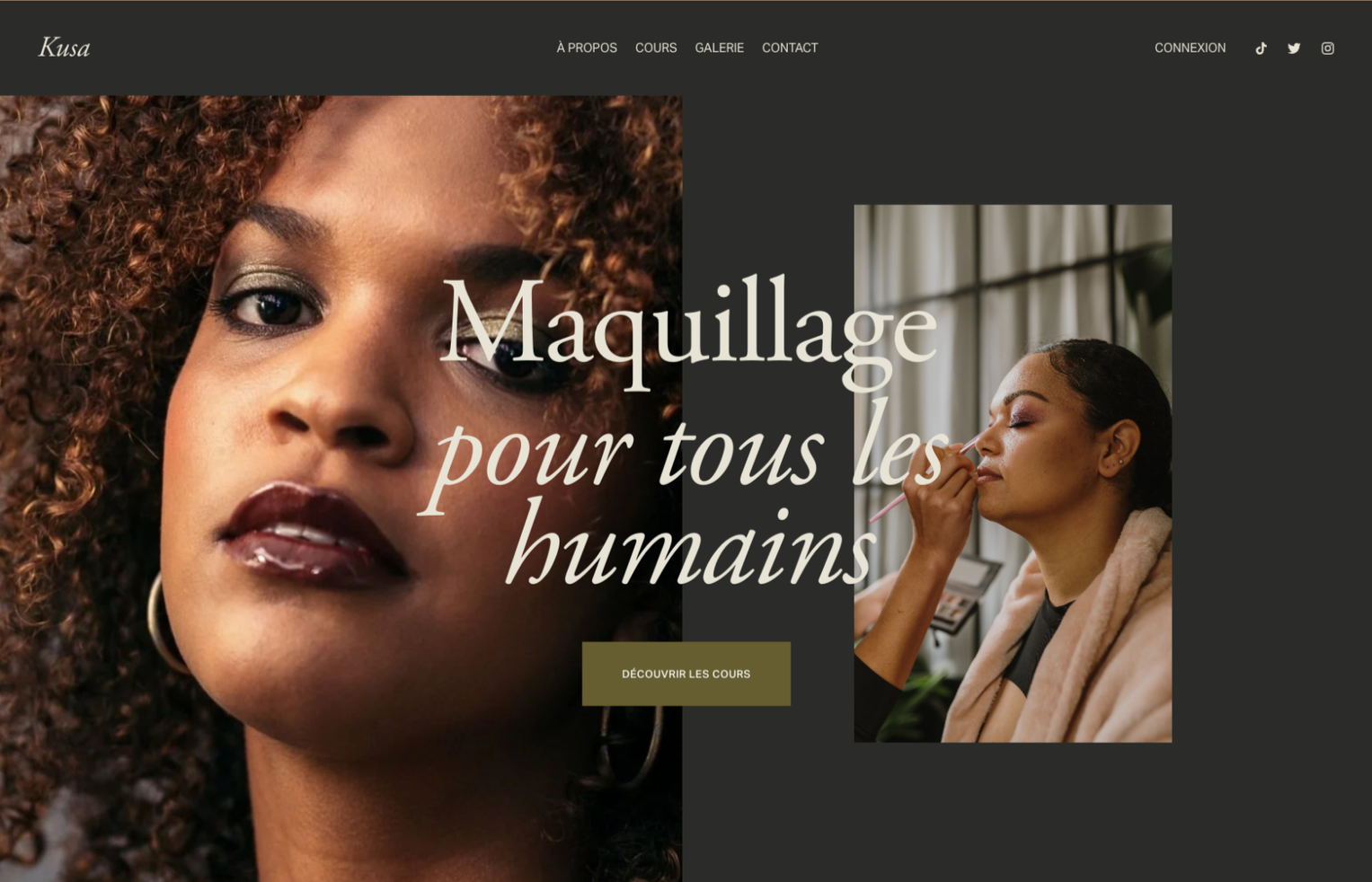 Page d'accueil d'un site web de maquillage avec deux femmes, une avec des cheveux bouclés et maquillage prononcé et l'autre en train de se faire maquiller par une professionnelle. Texte sur la page : 'Maquillage pour tous les humains'.
